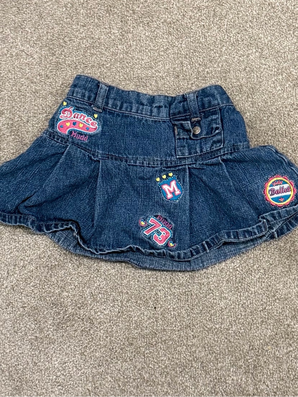 Vintage Mudd Girls Dark Blue Denim Skirt with Embroidered Patches 3T